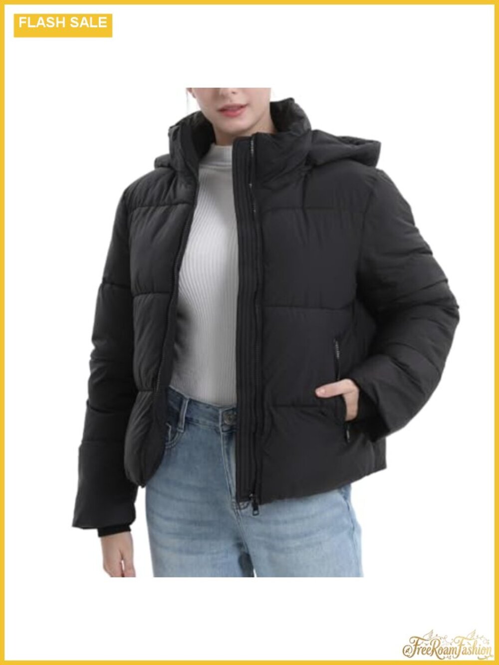 Women's Cropped Quilted Puffer Jacket Removable Hood Zip Pockets Winter Coat